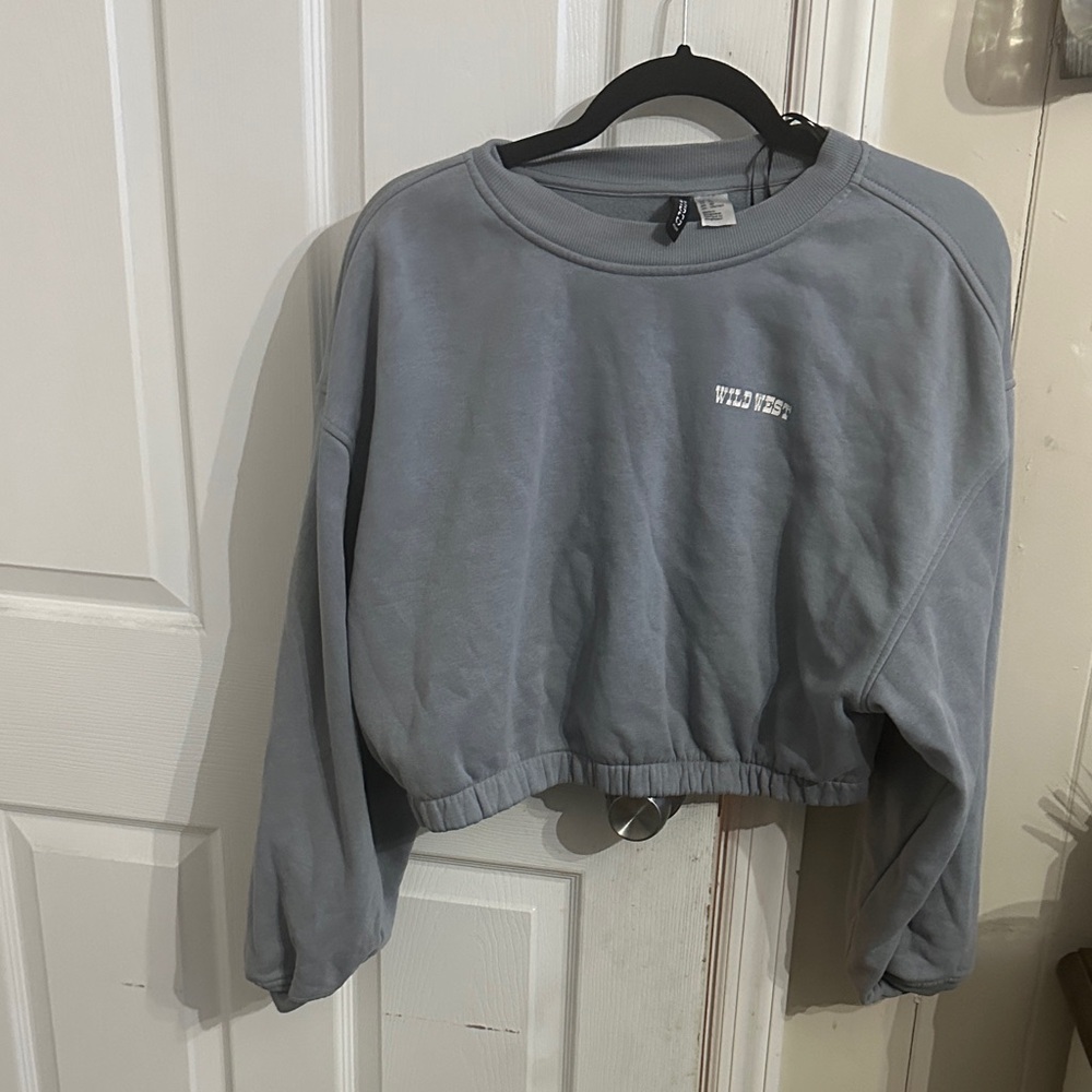 H&M Cropped Crewneck Sweatshirt in Slate Gray